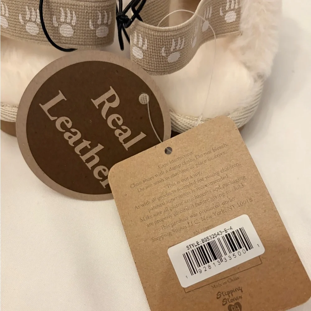 Bearpaw Baby Size 4 (9-12 mo) Champagne Leather Slipper White Faux Fur Flats